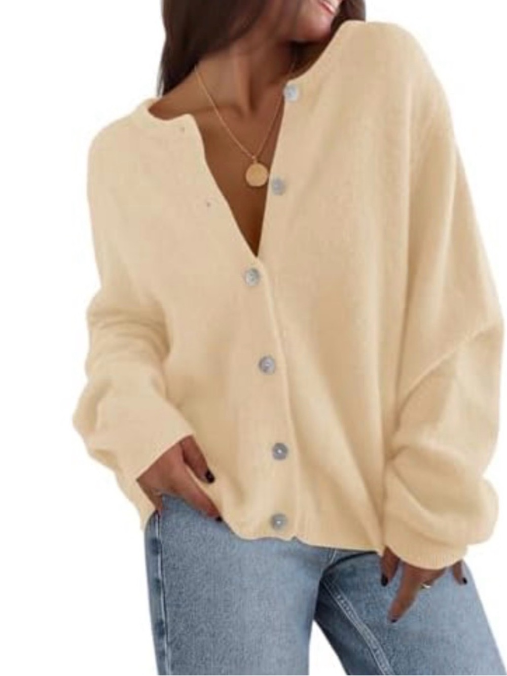 Cream Button-Front Women's Sweater - Casual V-Neck Cardigan